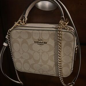 Coach Signature Beige Crossbody Bag with Gold Chain